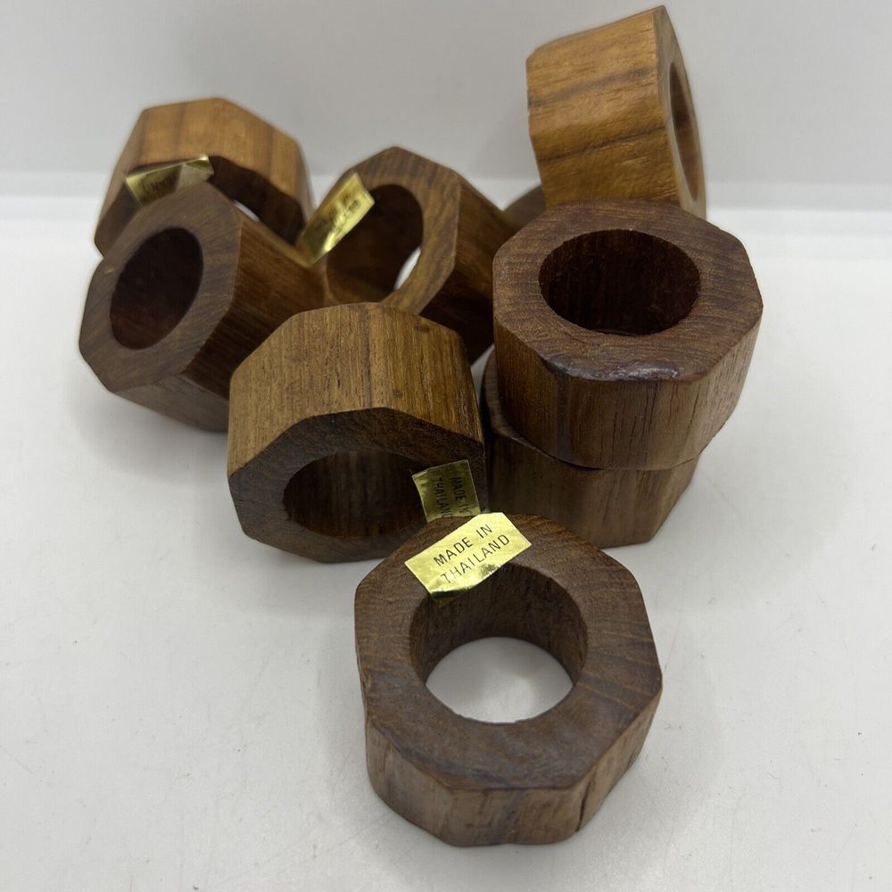 Hand Crafted Teak Wood Round Napkin Rings Made in Thailand Set of 10‎